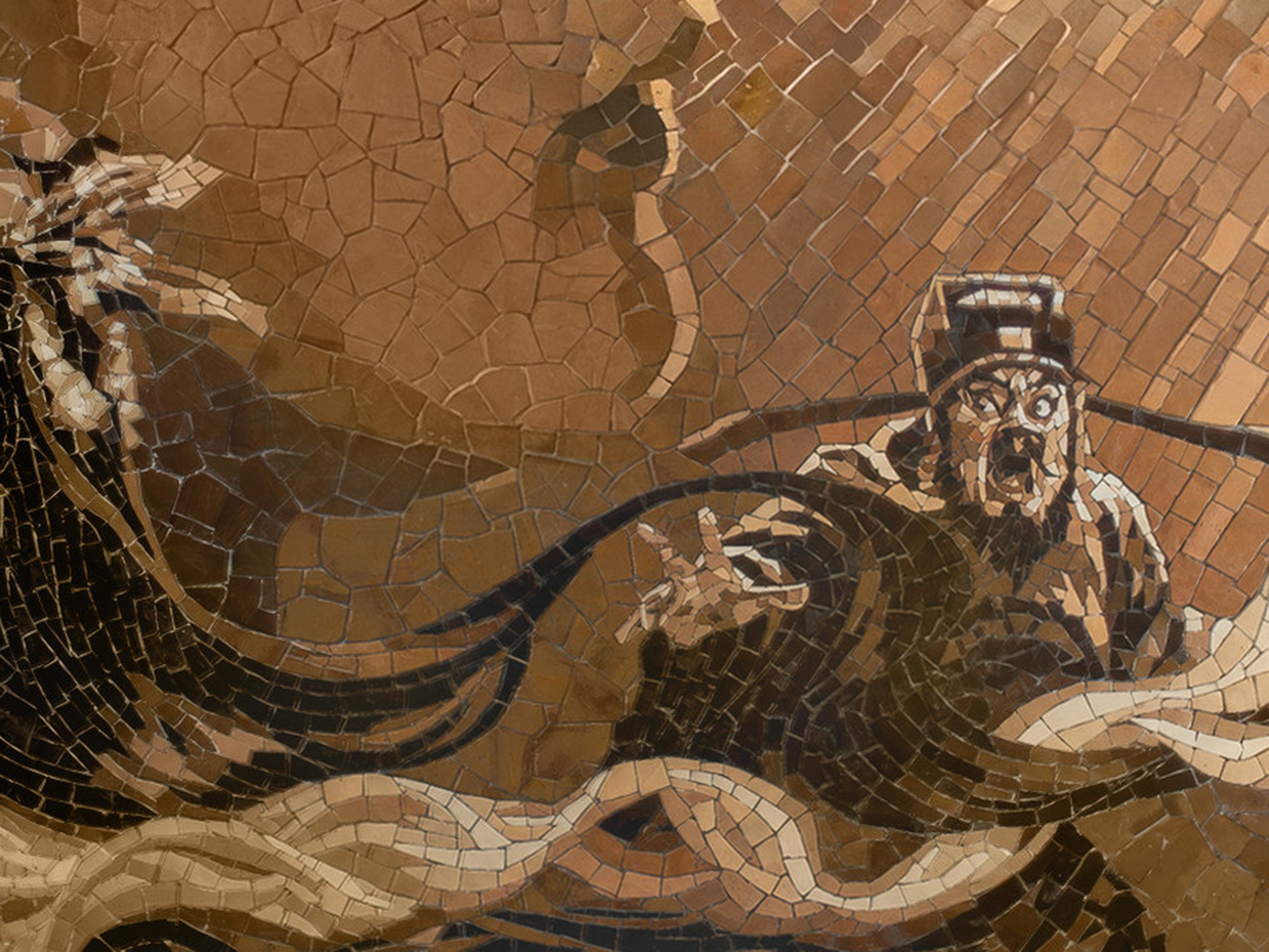 Close-up detail of the glazed ceramic surface, Dawn of the Stage.