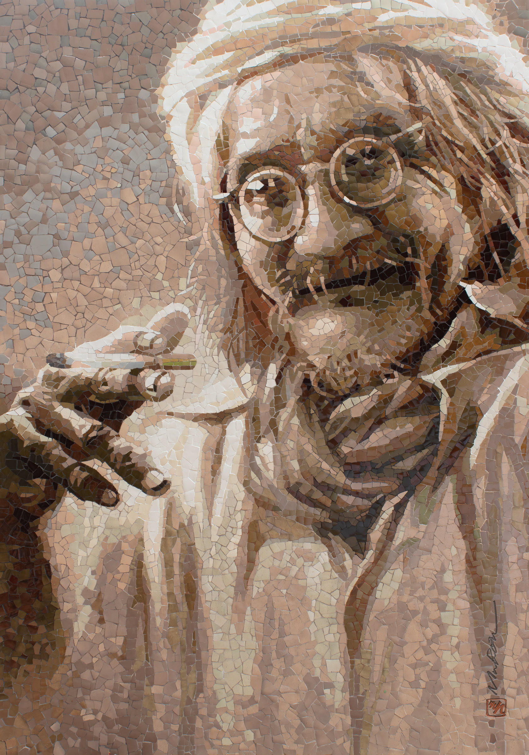 Ceramic portrait titled Bán Dùi: Portrait of Bùi Giáng, built from fragments of glazed Biên Hòa stoneware on PVC board.