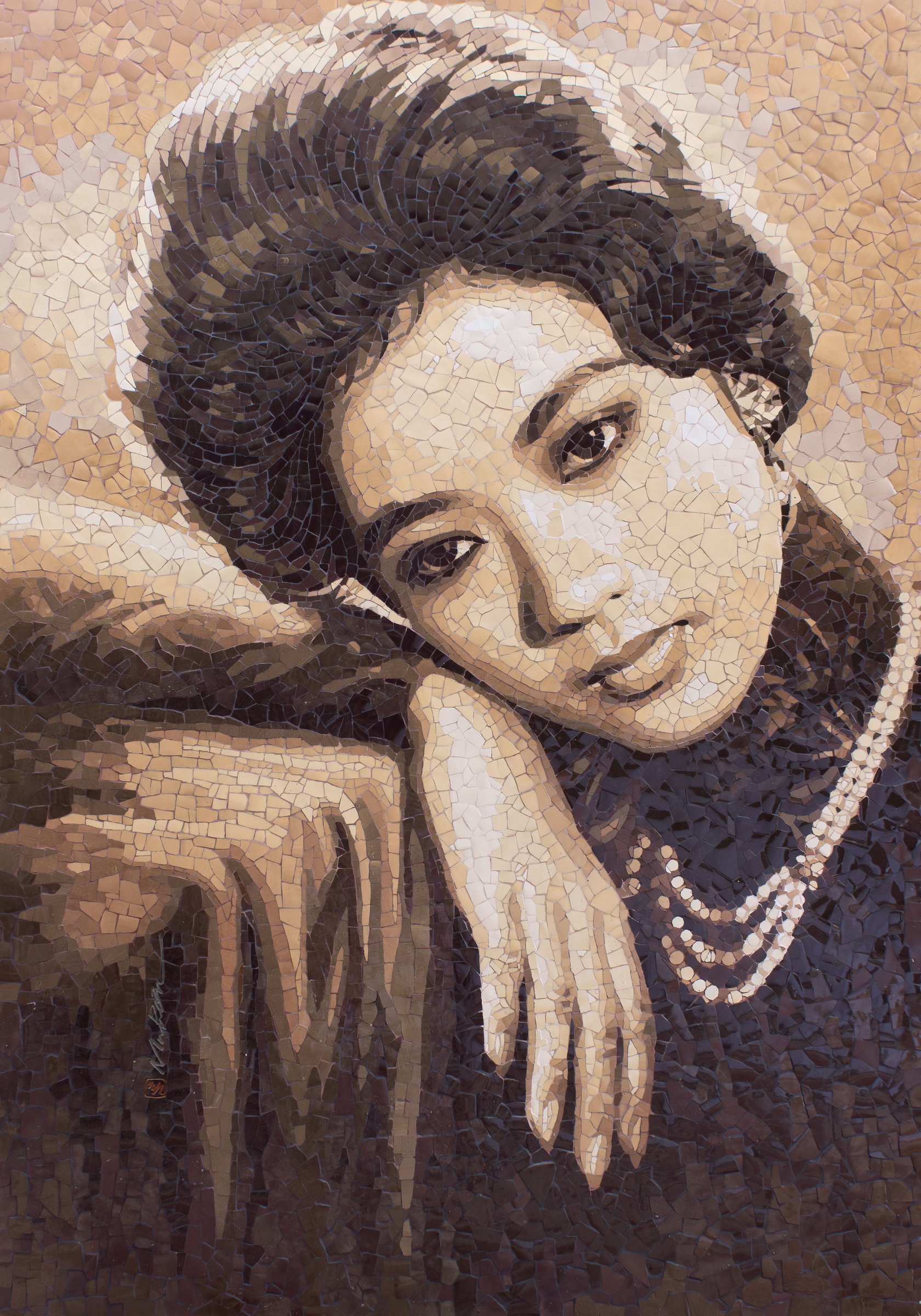Ceramic portrait titled Thanh Nga, Queen of the Stage, in glazed Biên Hòa stoneware on PVC board.