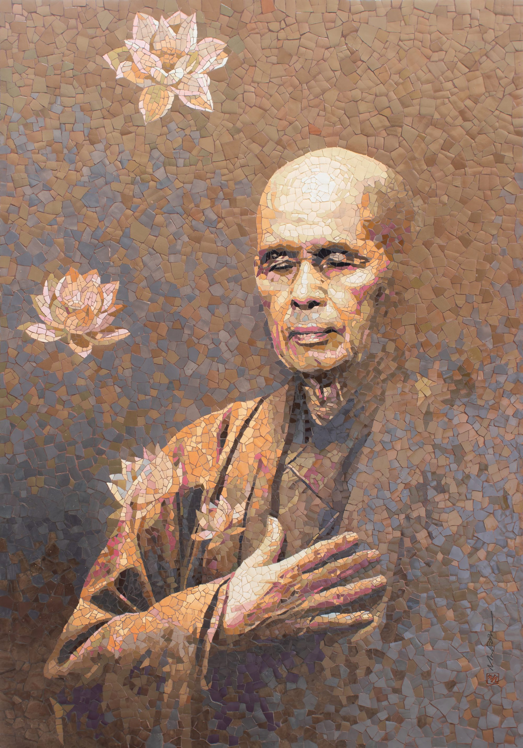 Ceramic portrait titled The Buddha Within, in glazed Biên Hòa stoneware on PVC board.