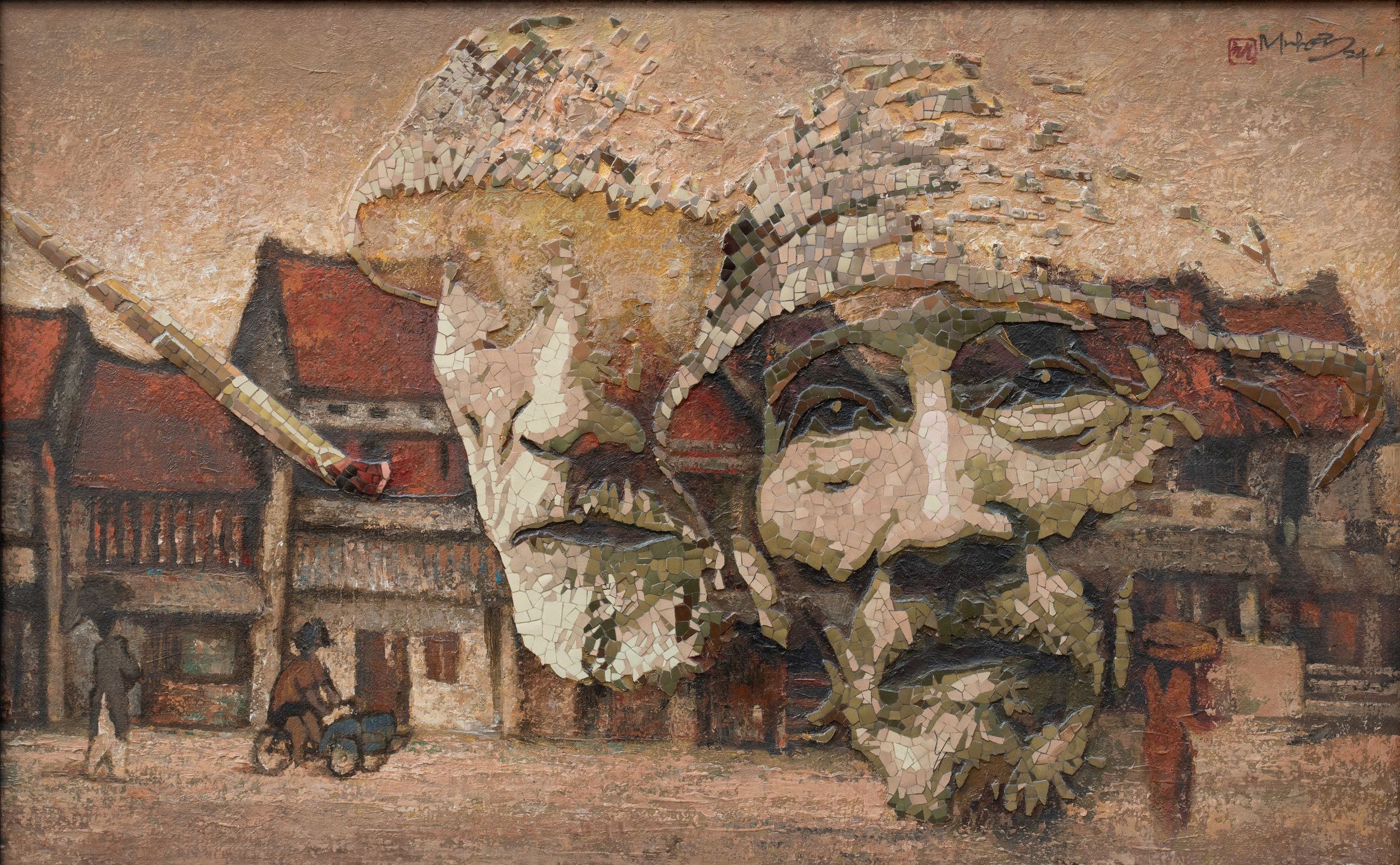Mixed-media portrait titled Old Soul, Old Streets, oil and acrylic painting with fragments of glazed Biên Hòa stoneware set into the surface.