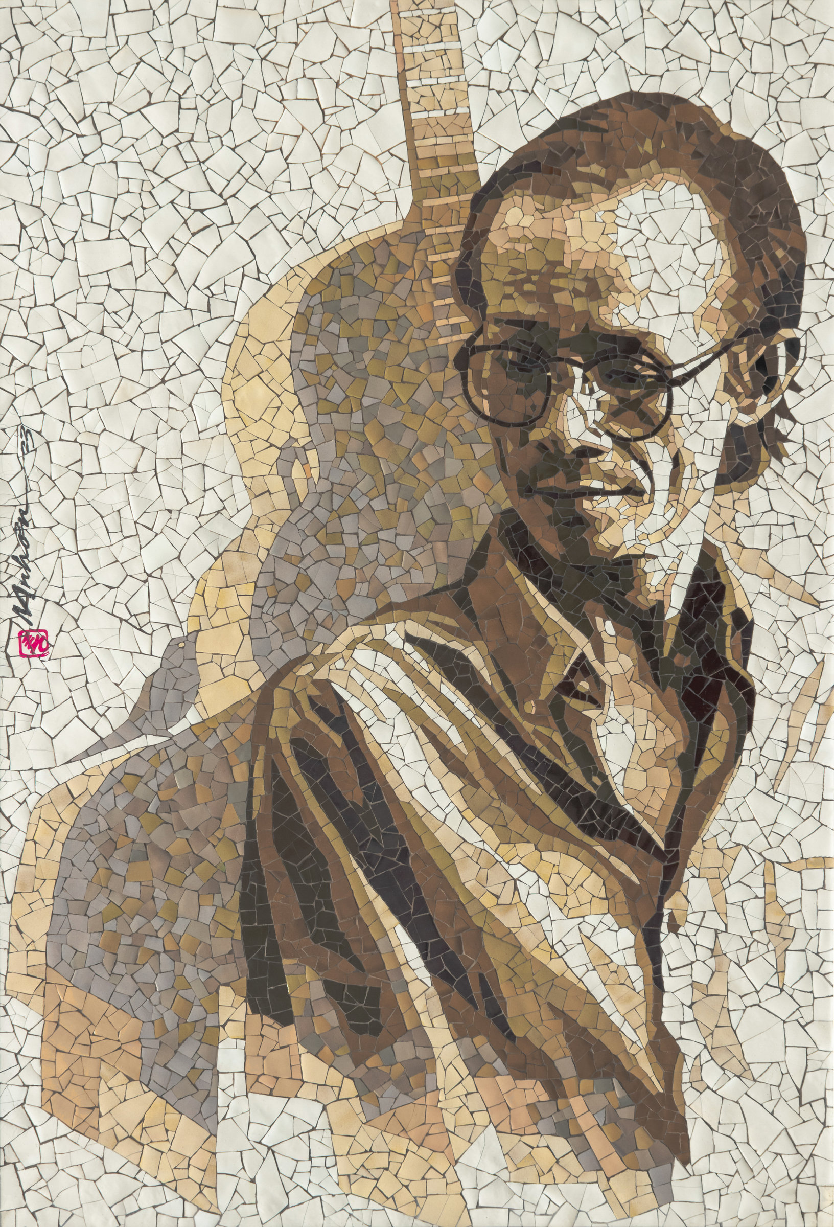 Ceramic portrait titled Searching in Impermanence, in glazed Biên Hòa stoneware on PVC board.