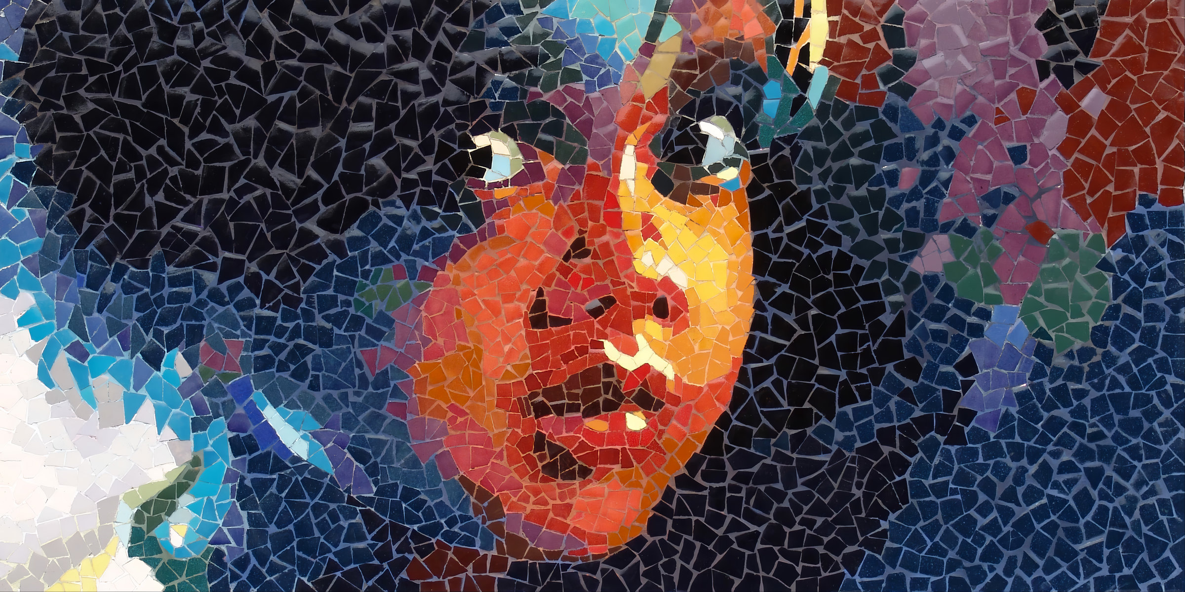 Ceramic portrait titled The Eyes of Tà Lài, in glazed Biên Hòa stoneware on fibreboard.