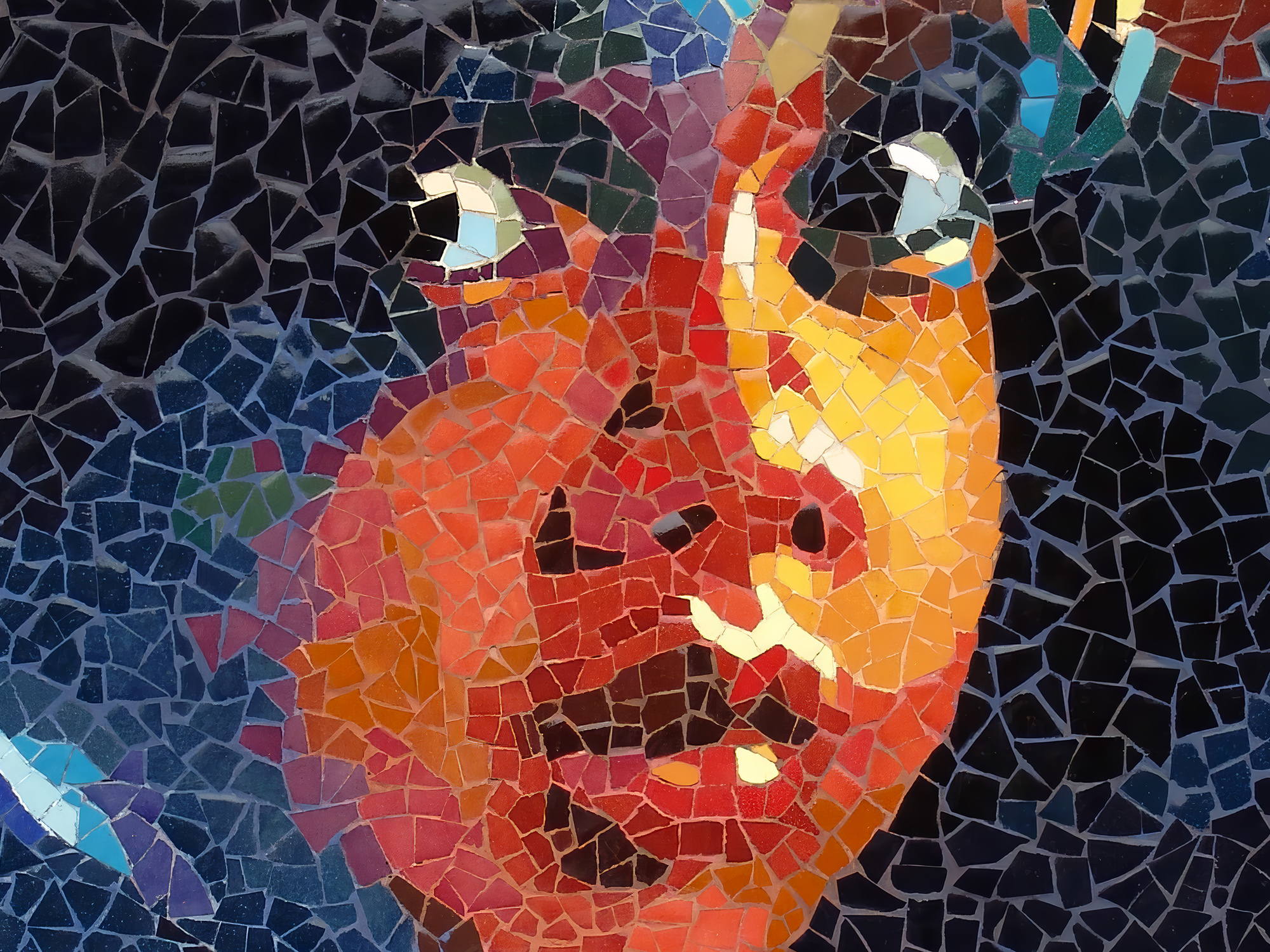 Close-up detail of the glazed ceramic surface, The Eyes of Tà Lài.